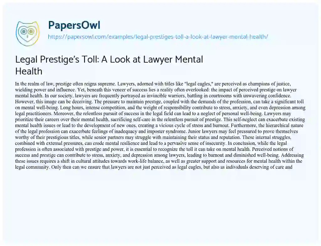Essay on Legal Prestige’s Toll: a Look at Lawyer Mental Health