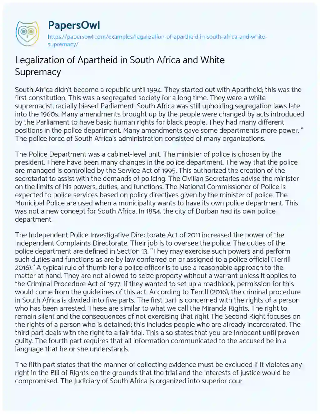 Essay on Legalization of Apartheid in South Africa and White Supremacy