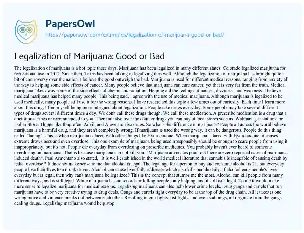 Essay on Legalization of Marijuana: Good or Bad