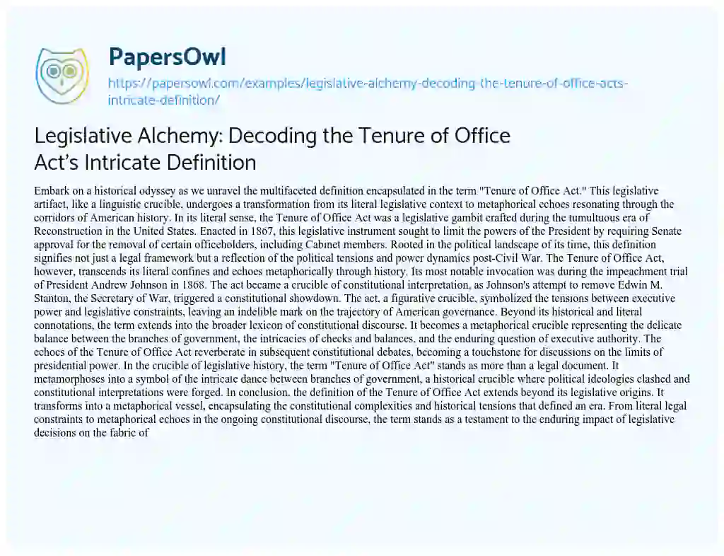 Essay on Legislative Alchemy: Decoding the Tenure of Office Act’s Intricate Definition