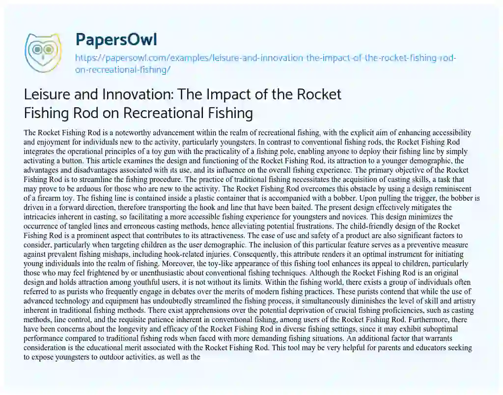 Essay on Leisure and Innovation: the Impact of the Rocket Fishing Rod on Recreational Fishing