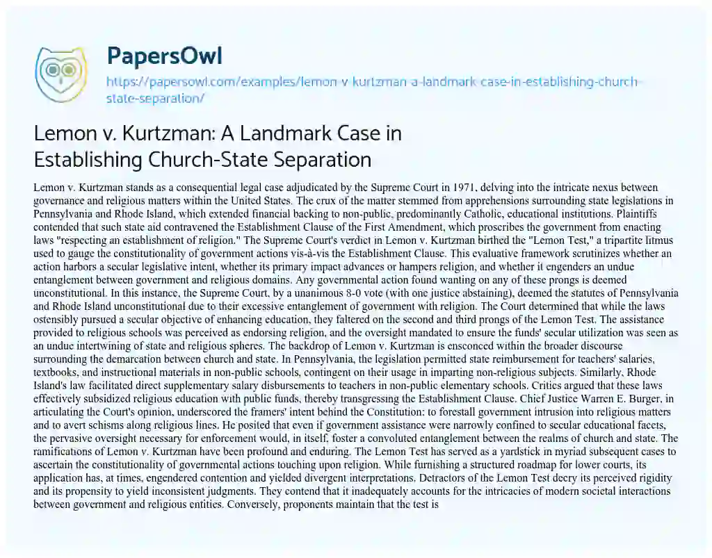 Essay on Lemon V. Kurtzman: a Landmark Case in Establishing Church-State Separation