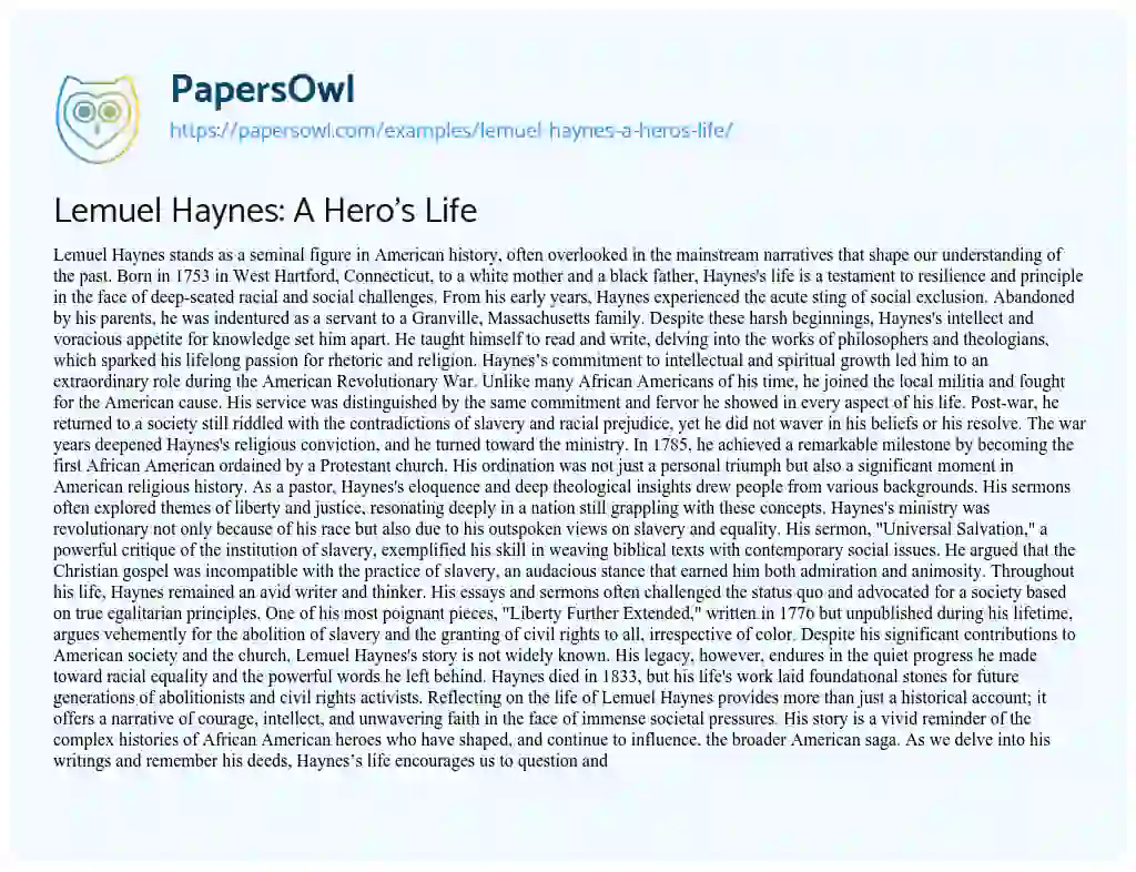 Essay on Lemuel Haynes: a Hero’s Life