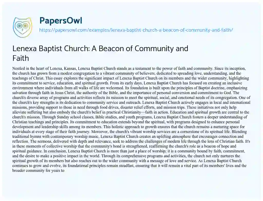 Essay on Lenexa Baptist Church: a Beacon of Community and Faith