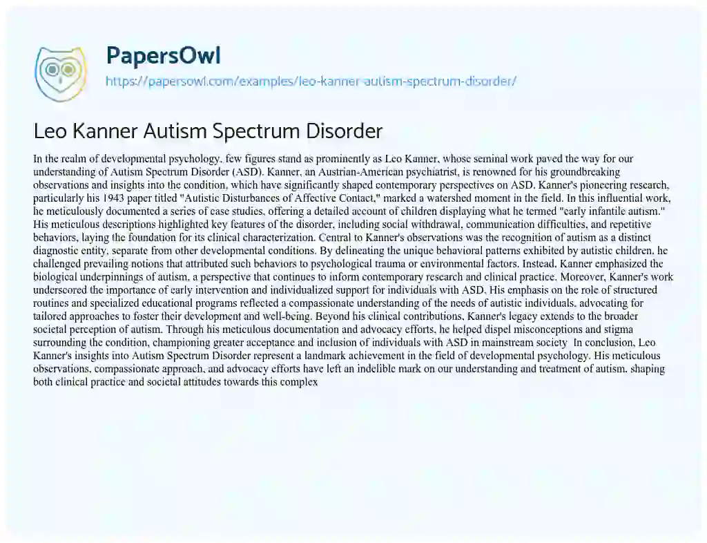 Essay on Leo Kanner Autism Spectrum Disorder