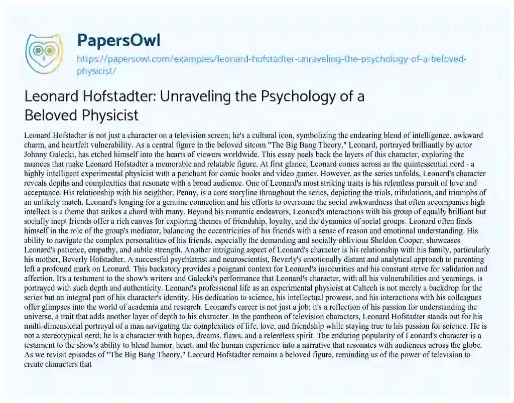Essay on Leonard Hofstadter: Unraveling the Psychology of a Beloved Physicist