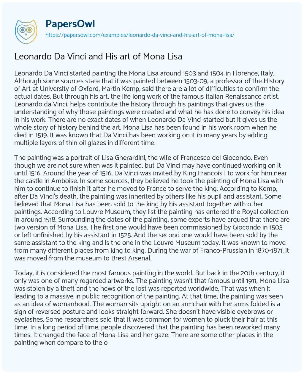 Essay on Leonardo Da Vinci and his Art of Mona Lisa