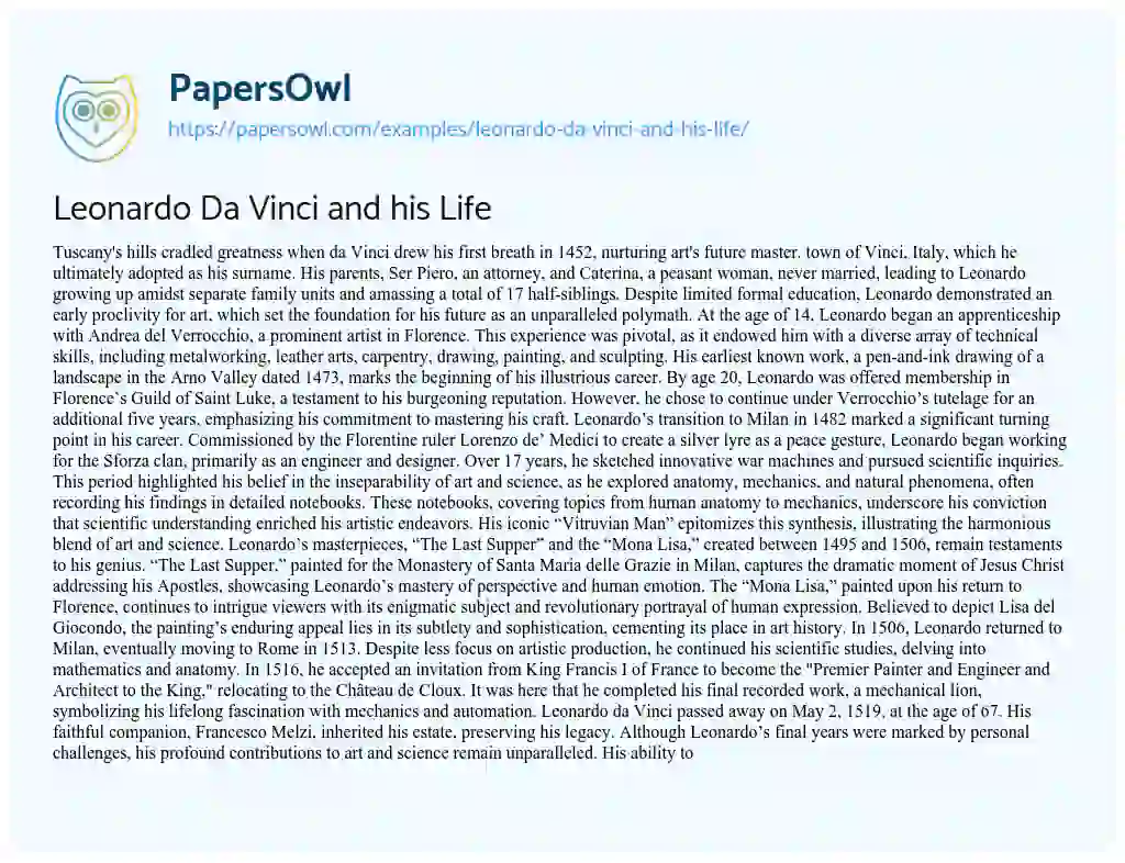 Essay on Leonardo Da Vinci and his Life