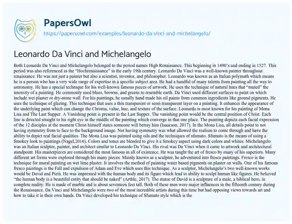Leonardo Da Vinci and Michelangelo essay
