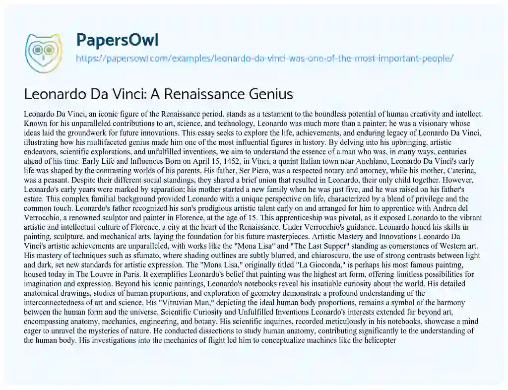 Essay on Leonardo Da Vinci was One of the most Important People