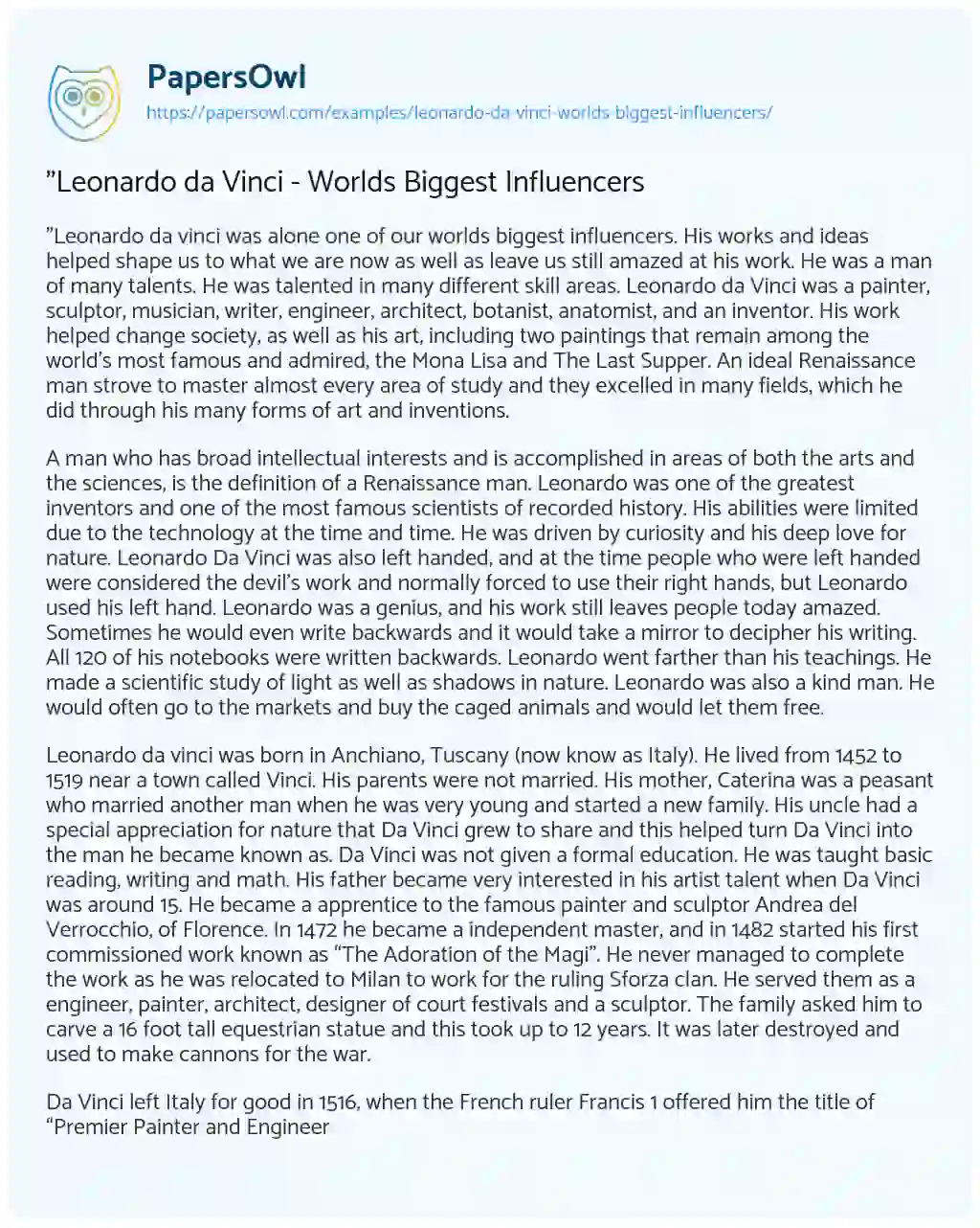Essay on “Leonardo Da Vinci – Worlds Biggest Influencers