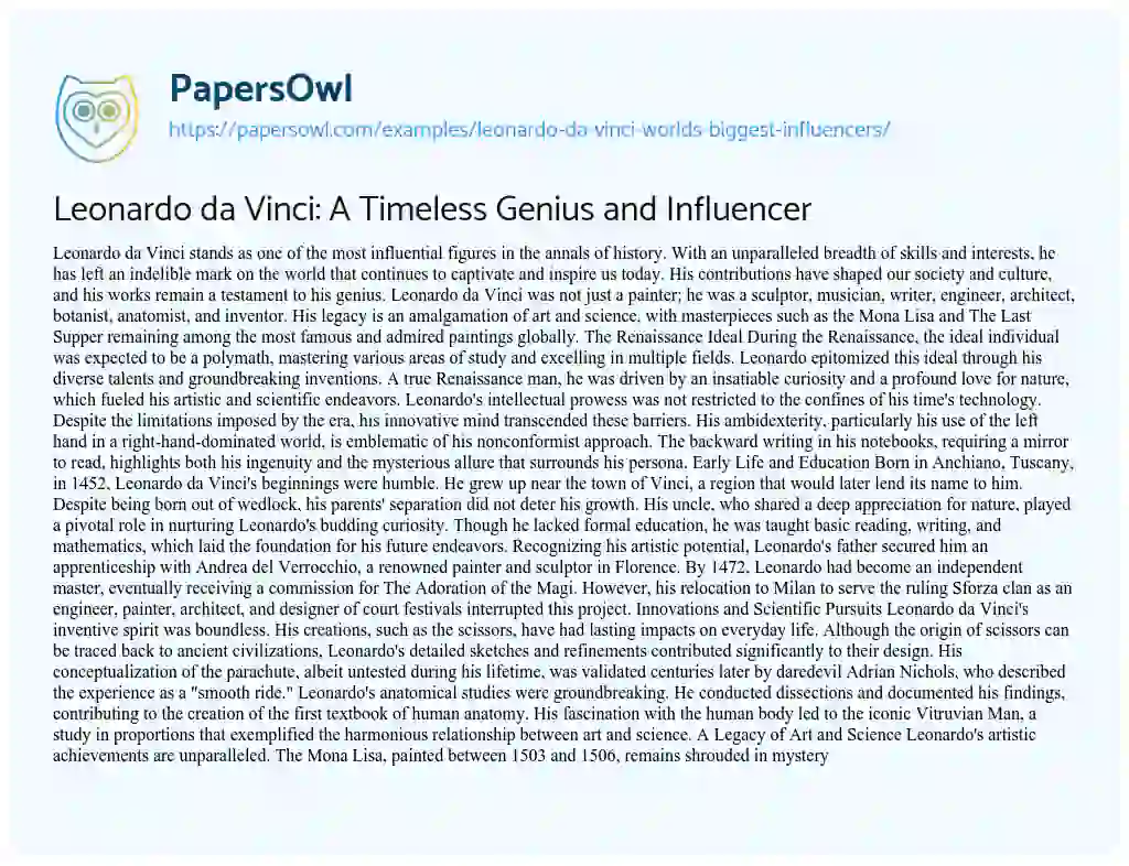 Essay on “Leonardo Da Vinci – Worlds Biggest Influencers