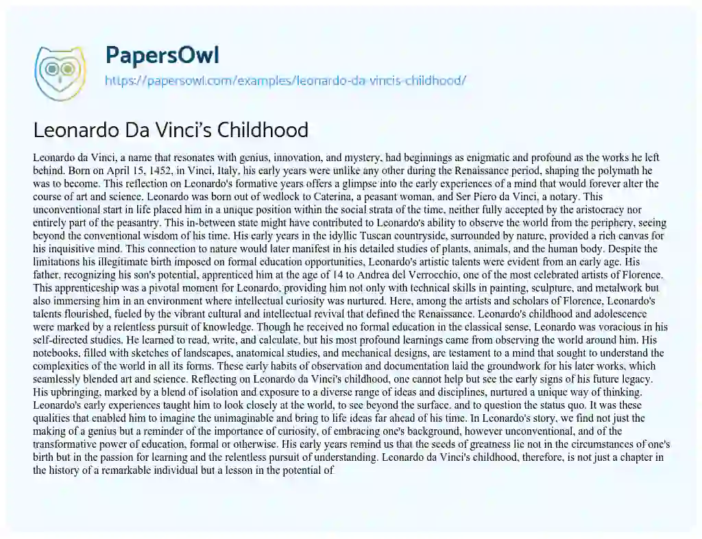 Essay on Leonardo Da Vinci’s Childhood