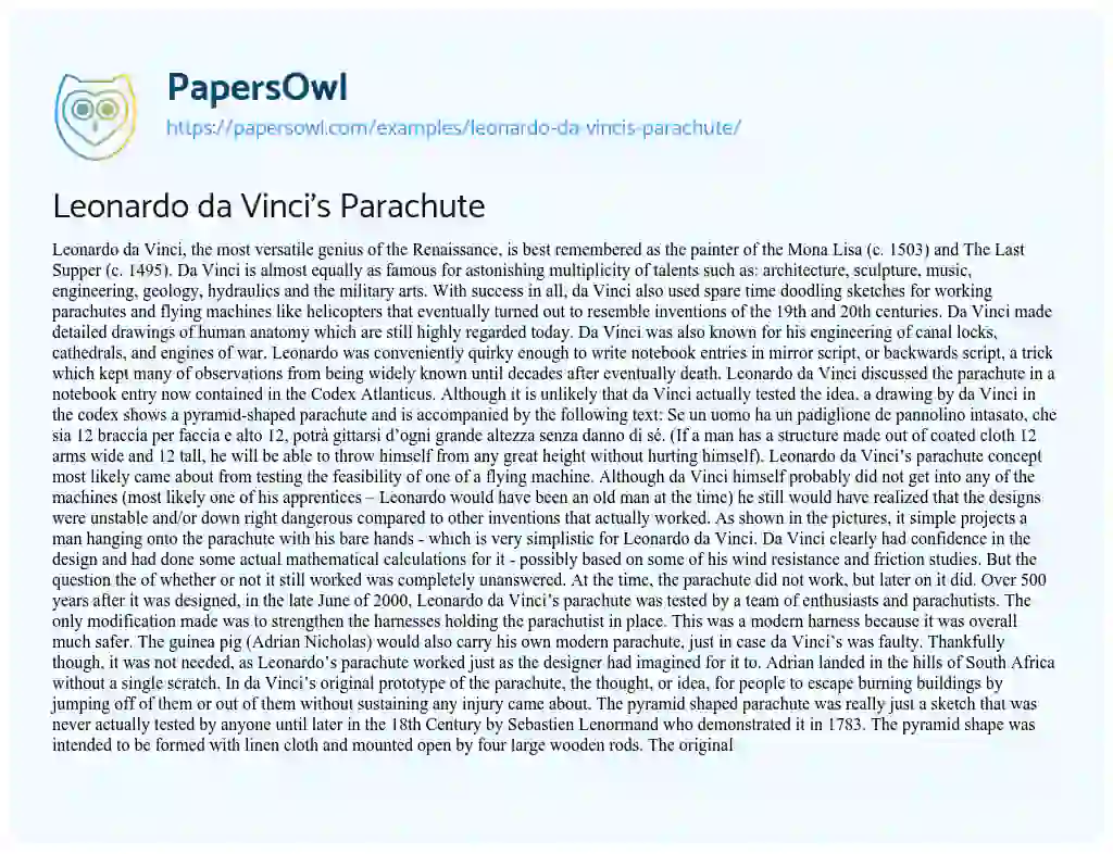 Essay on Leonardo Da Vinci’s Parachute