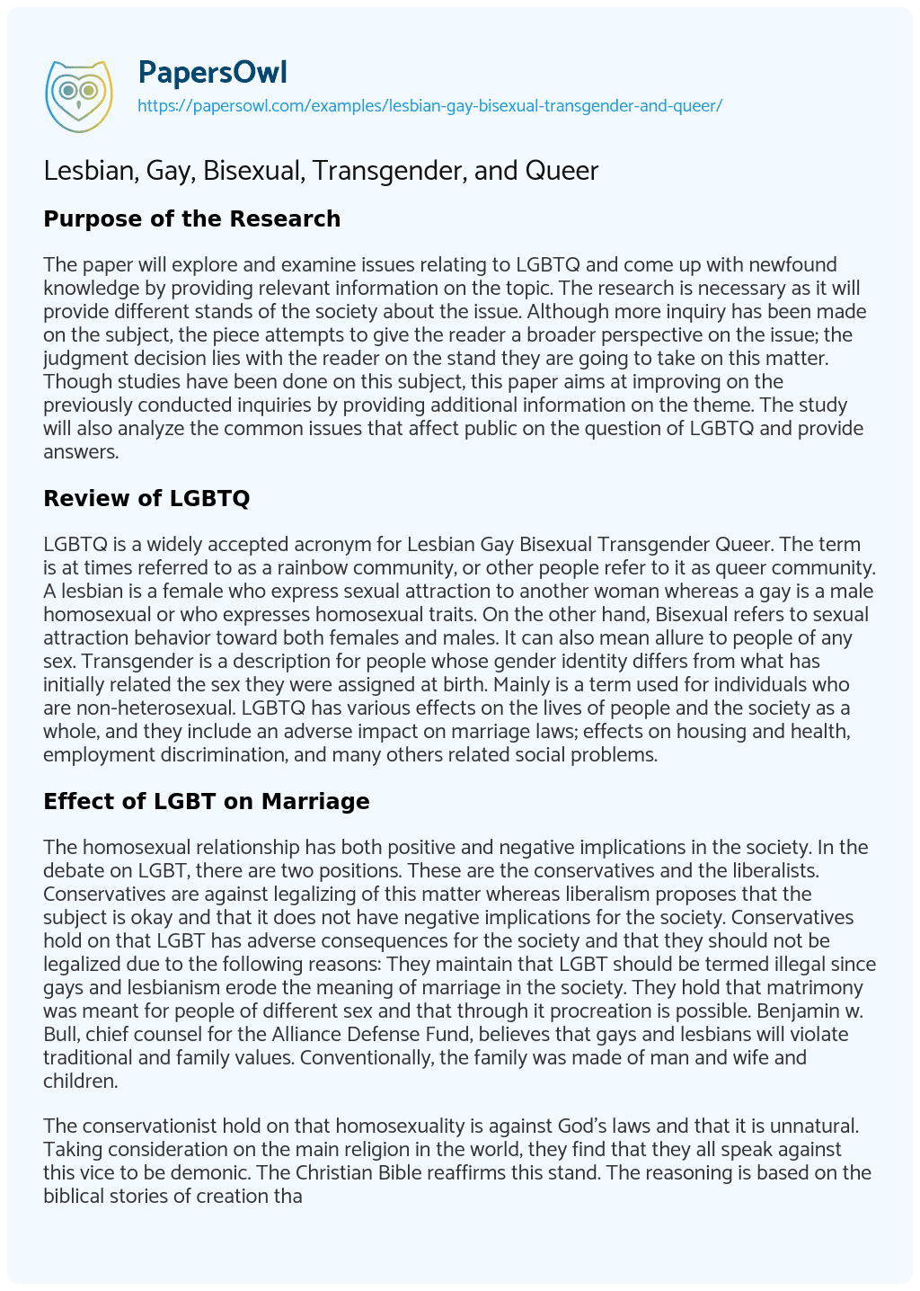 Essay on Lesbian, Gay, Bisexual, Transgender, and Queer