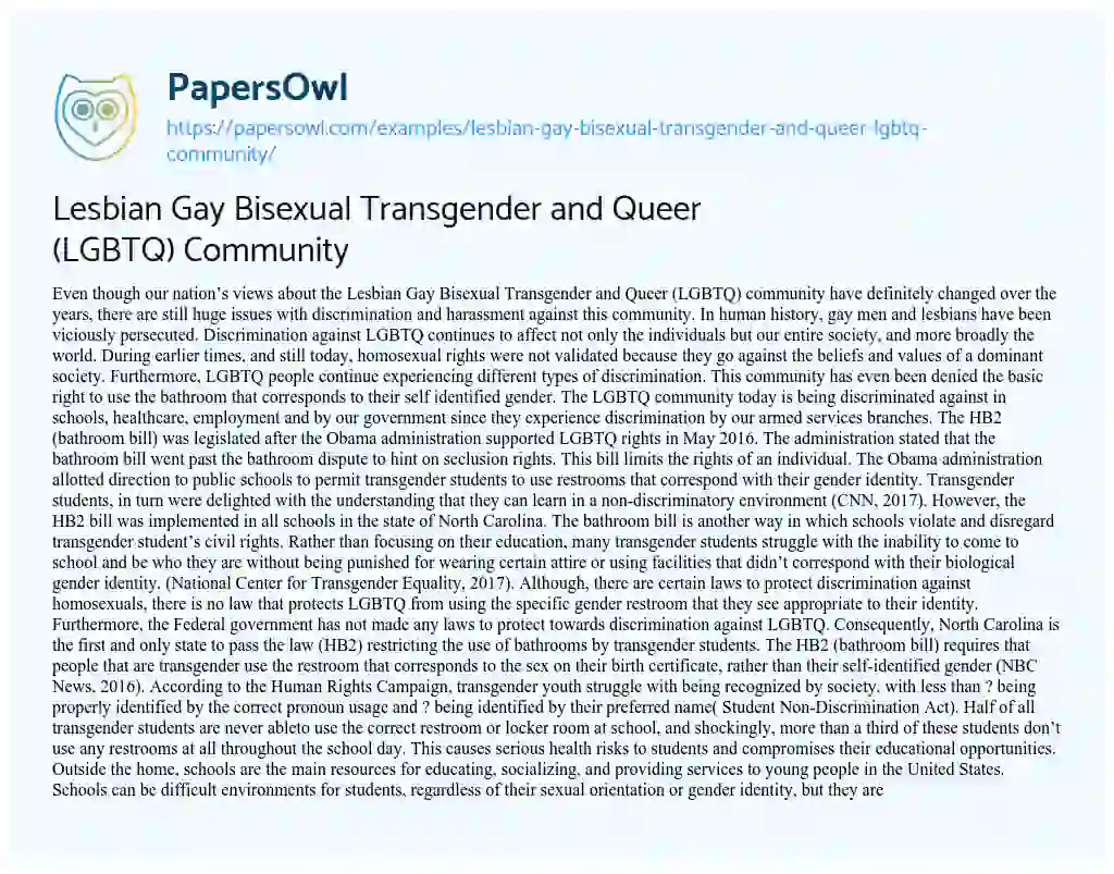 Essay on Lesbian Gay Bisexual Transgender and Queer (LGBTQ) Community