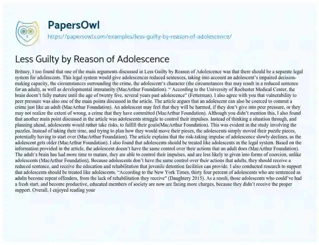 Essay on Less Guilty by Reason of Adolescence