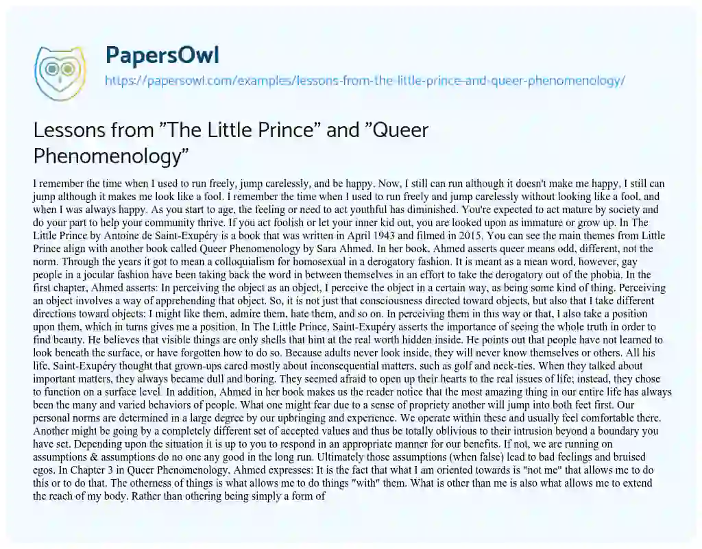 Essay on Lessons from “The Little Prince” and “Queer Phenomenology”