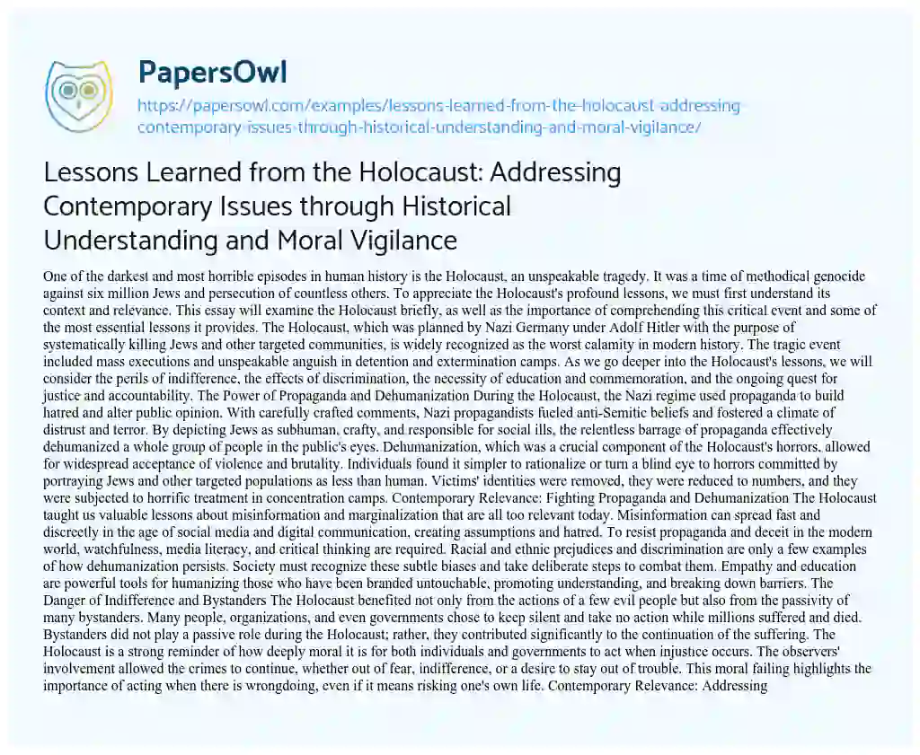 Essay on Lessons Learned from the Holocaust: Addressing Contemporary Issues through Historical Understanding and Moral Vigilance