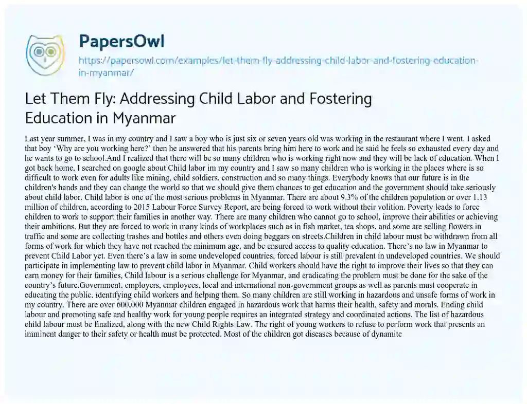 Essay on Let them Fly: Addressing Child Labor and Fostering Education in Myanmar