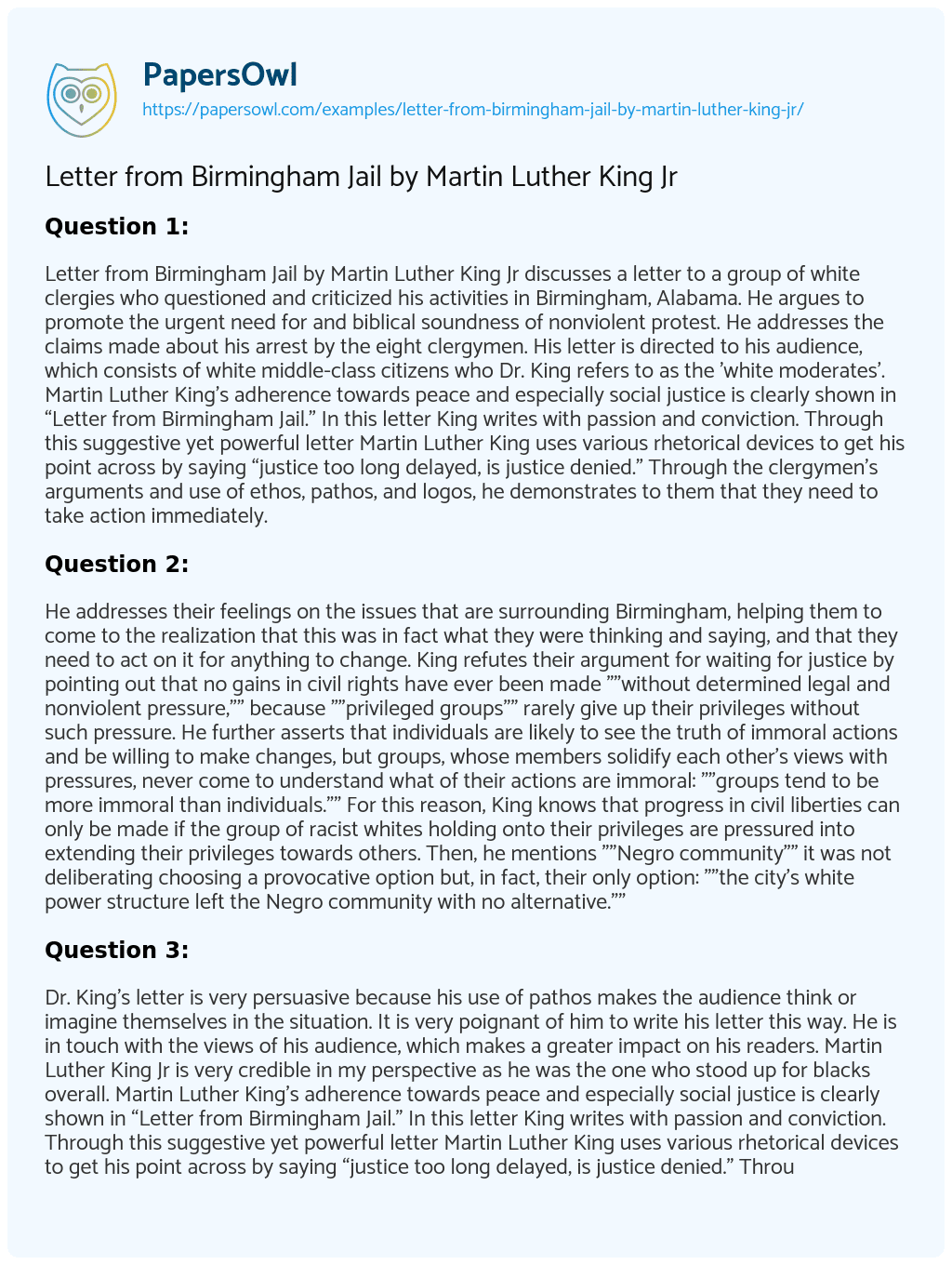 Letter from Birmingham Jail by Martin Luther King Jr Letter from Birmingham Jail by Martin Luther King Jr essay