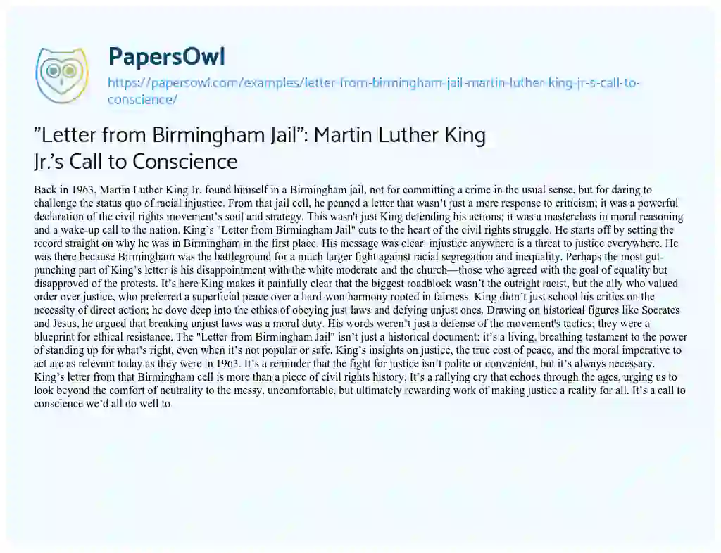 Essay on “Letter from Birmingham Jail”: Martin Luther King Jr.’s Call to Conscience