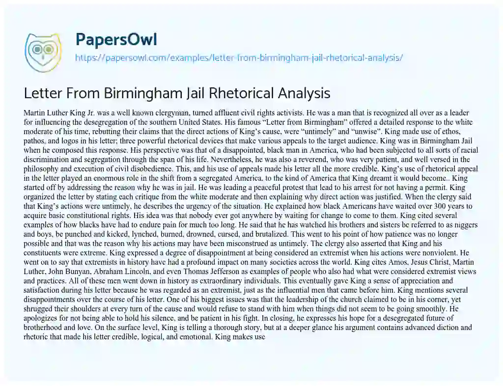 Essay on Letter from Birmingham Jail Rhetorical Analysis