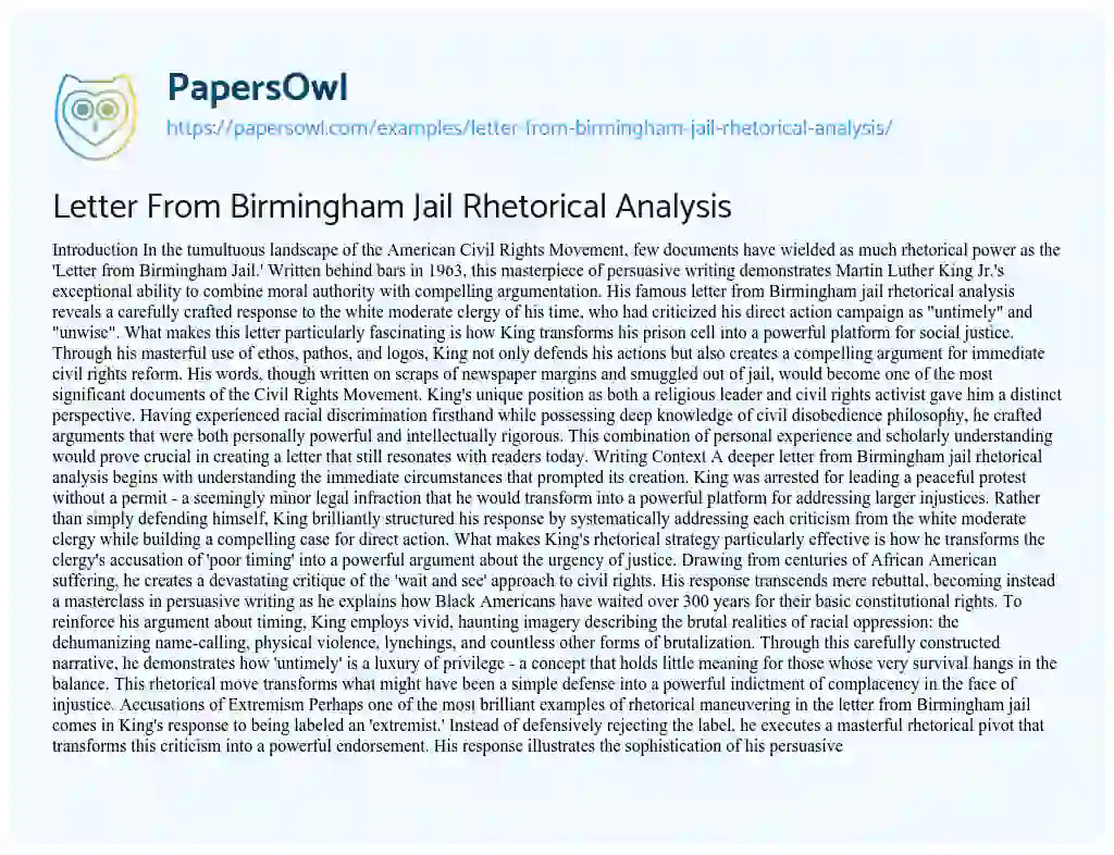 Essay on Letter from Birmingham Jail Rhetorical Analysis