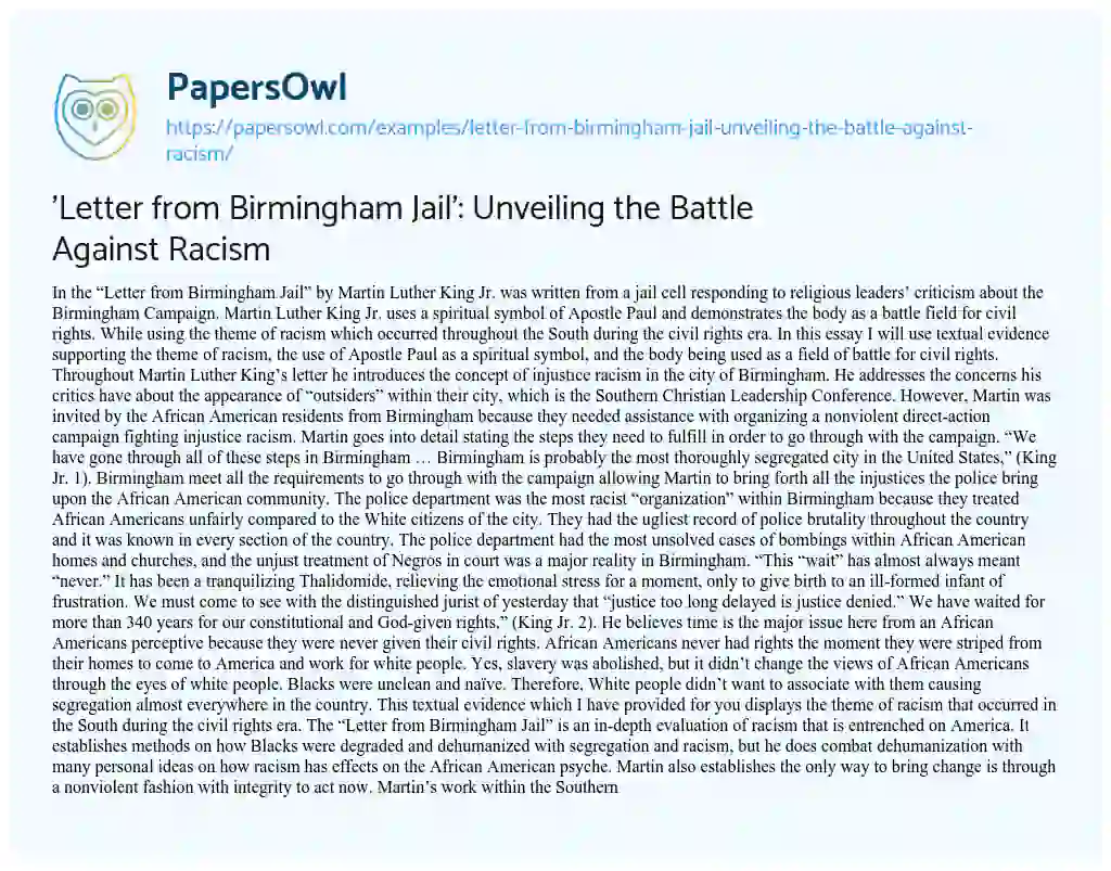 Essay on ‘Letter from Birmingham Jail’: Unveiling the Battle against Racism
