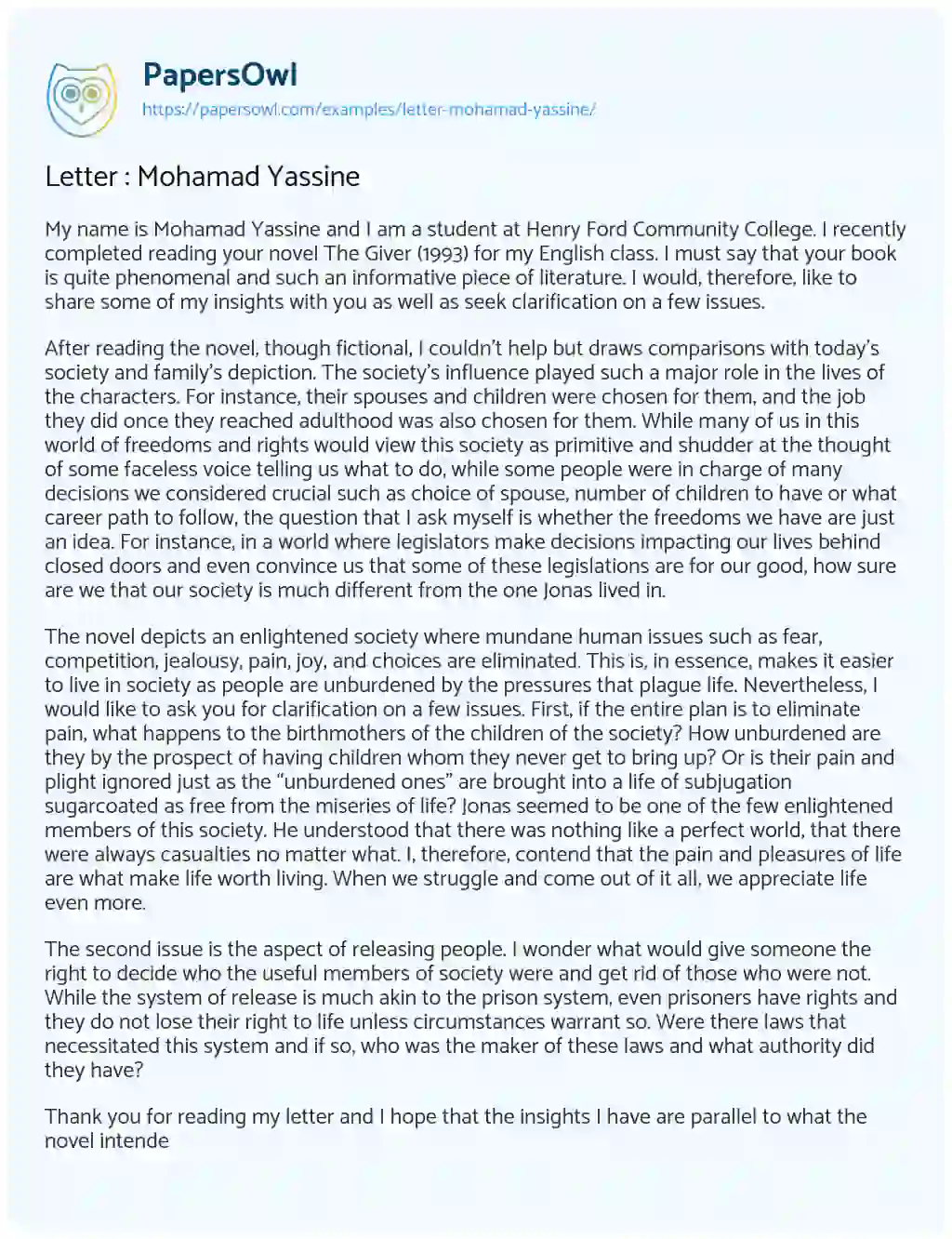 Essay on Letter : Mohamad Yassine