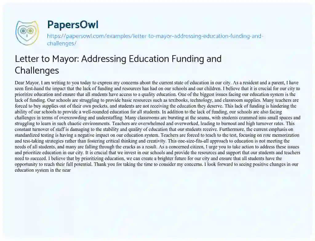 Essay on Letter to Mayor: Addressing Education Funding and Challenges