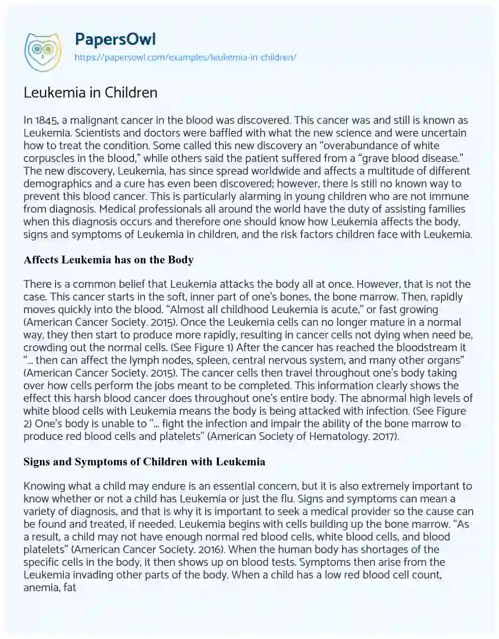 Essay on Leukemia in Children