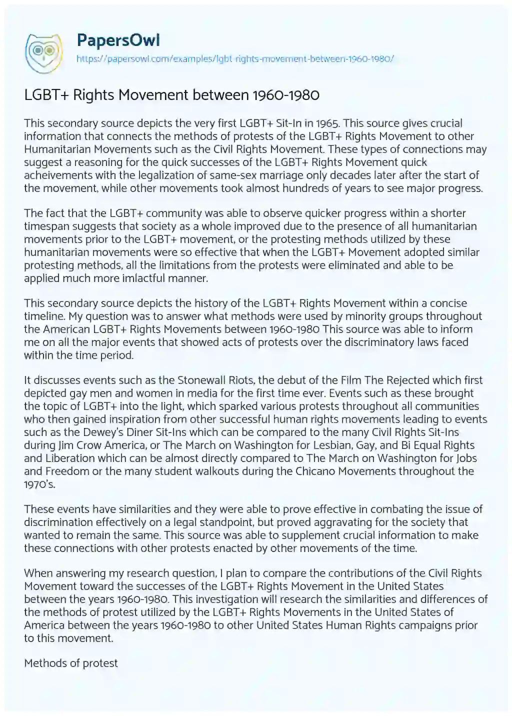 Essay on LGBT+ Rights Movement between 1960-1980