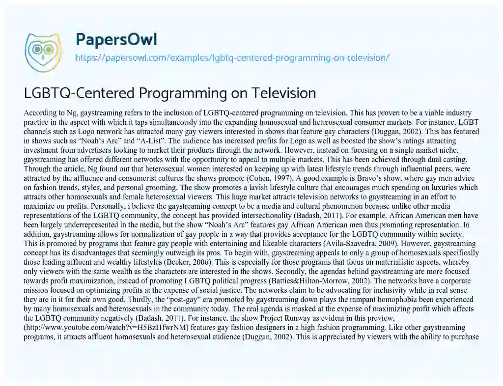 Essay on LGBTQ-Centered Programming on Television