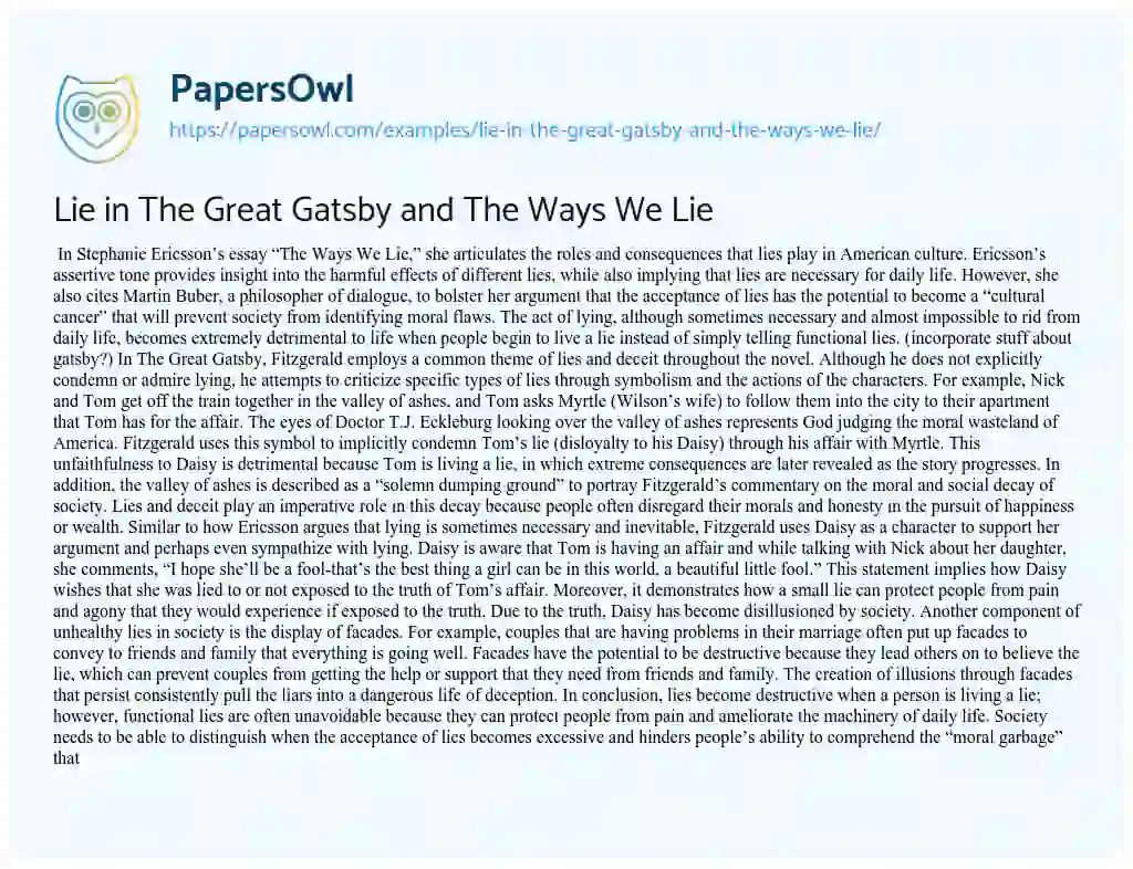 Essay on Lie in the Great Gatsby and the Ways we Lie