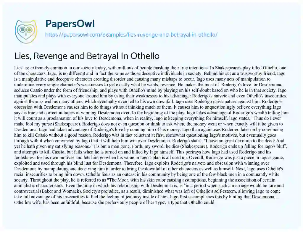 Essay on Lies, Revenge and Betrayal in Othello