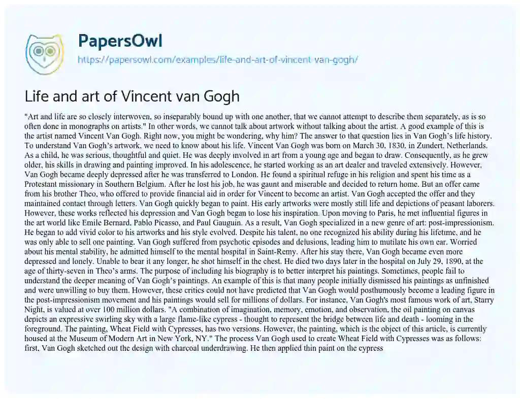 Essay on Life and Art of Vincent Van Gogh