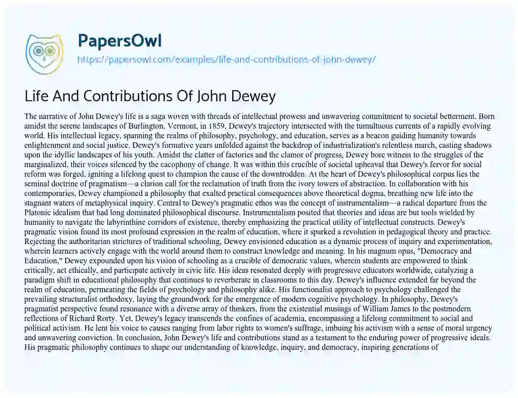 Essay on Life and Contributions of John Dewey
