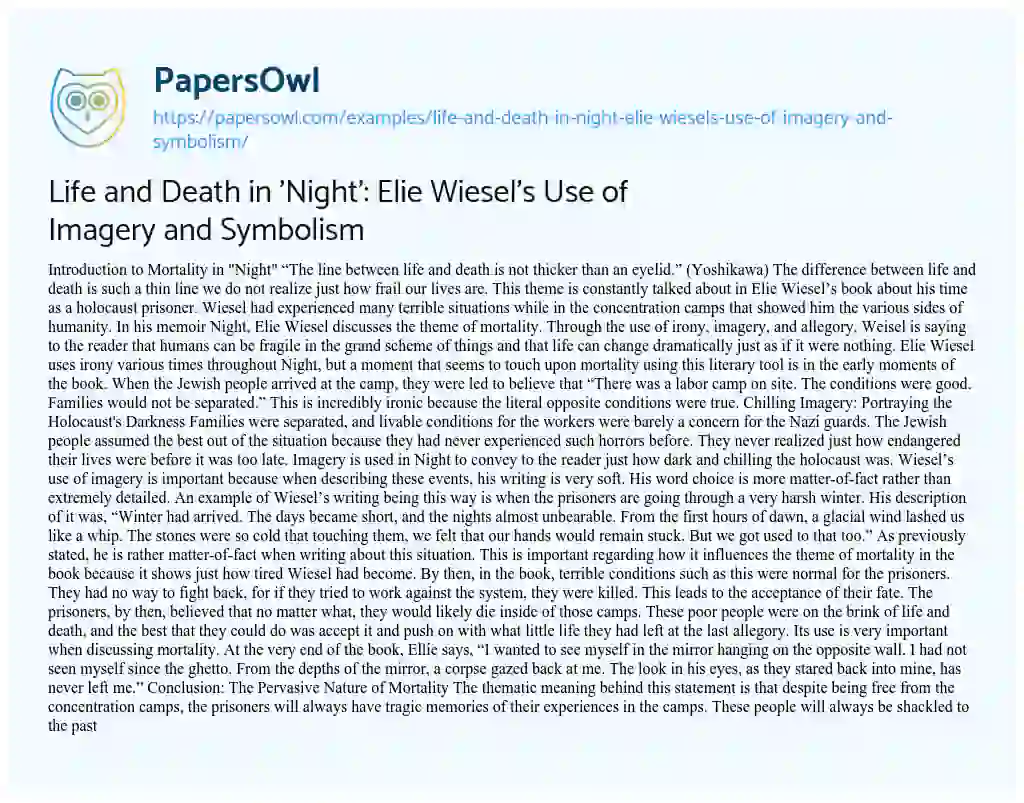 Essay on Life and Death in ‘Night’: Elie Wiesel’s Use of Imagery and Symbolism