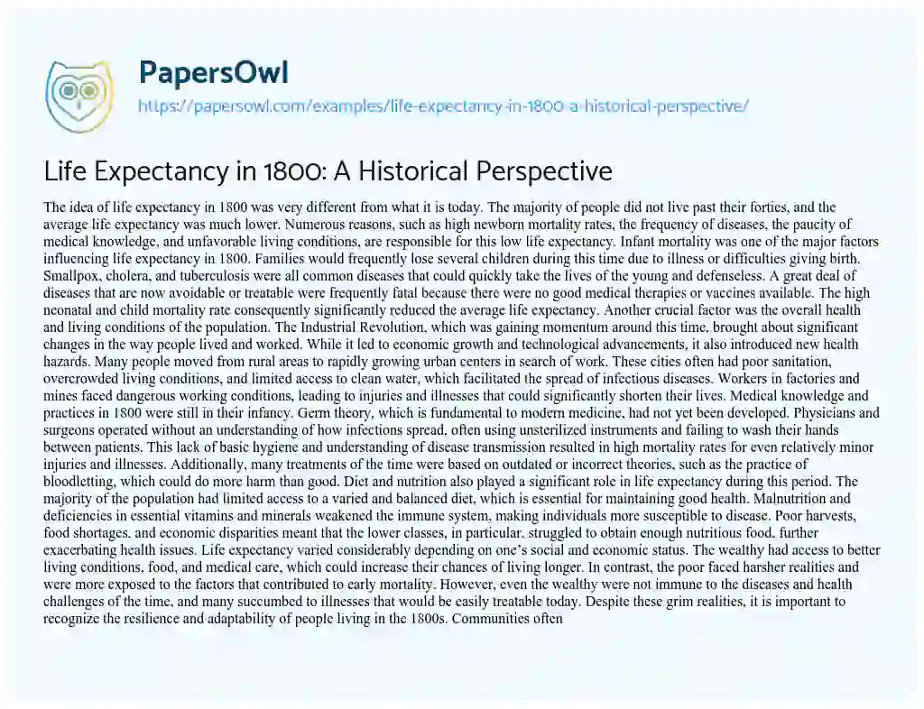 Essay on Life Expectancy in 1800: a Historical Perspective