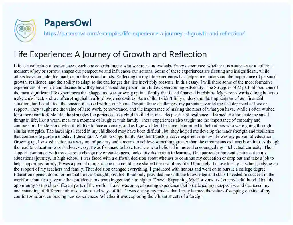 Essay on Life Experience: A Journey of Growth and Reflection