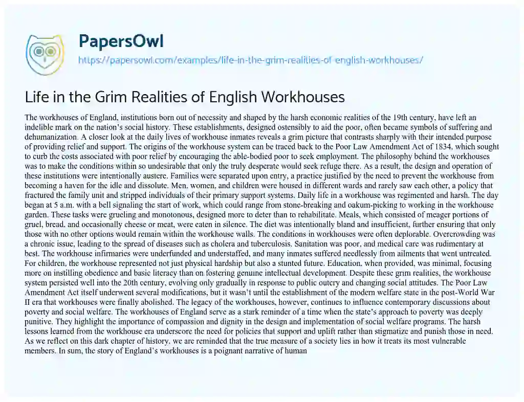 Essay on Life in the Grim Realities of English Workhouses