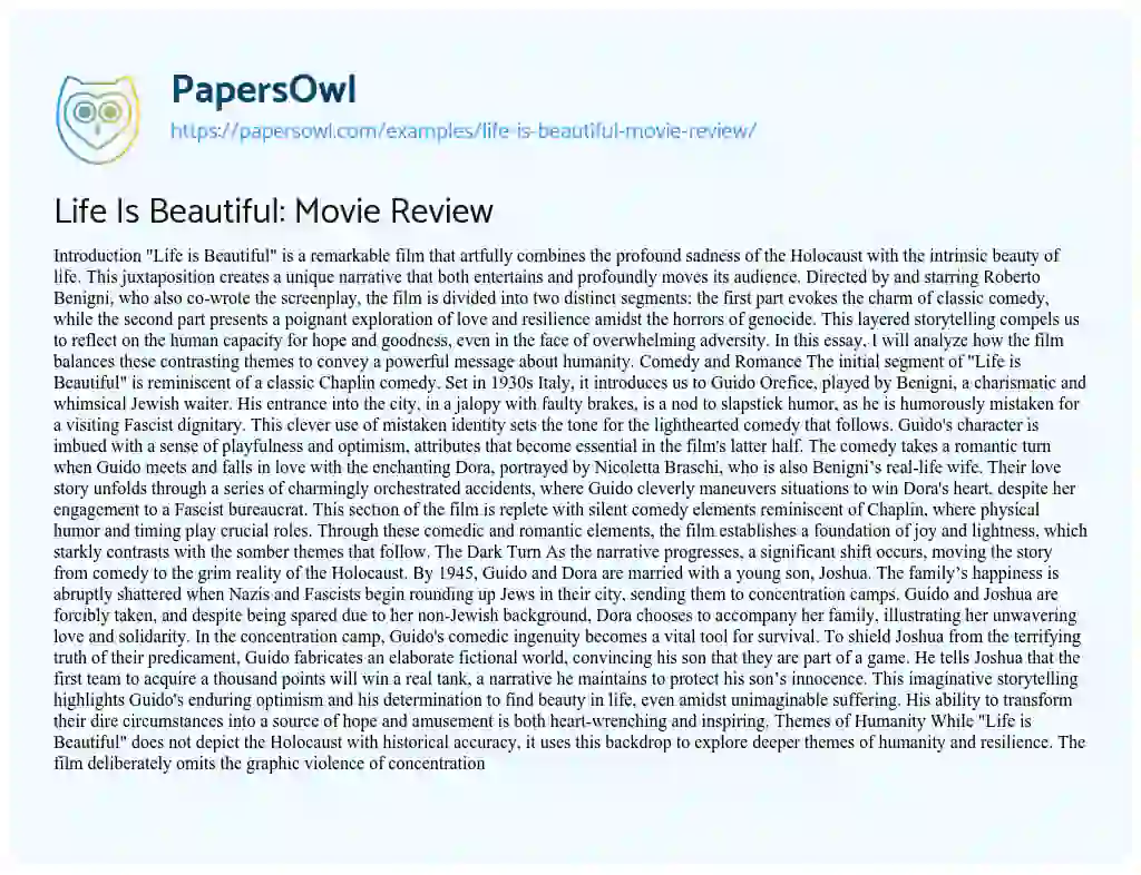 Essay on Life is Beautiful Movie Review