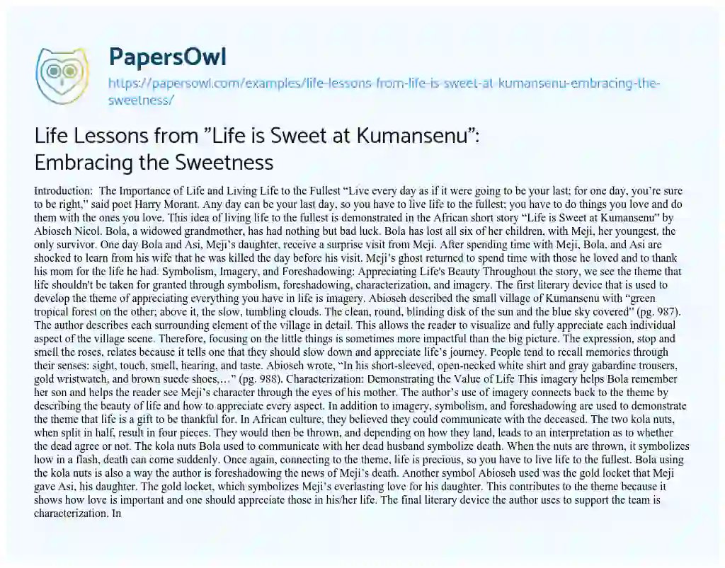 Essay on Life Lessons from “Life is Sweet at Kumansenu”: Embracing the Sweetness