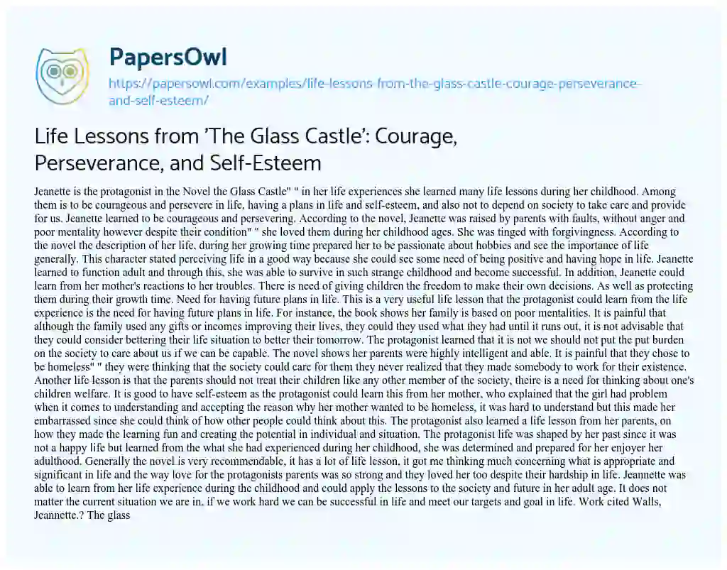 Essay on Life Lessons from ‘The Glass Castle’: Courage, Perseverance, and Self-Esteem