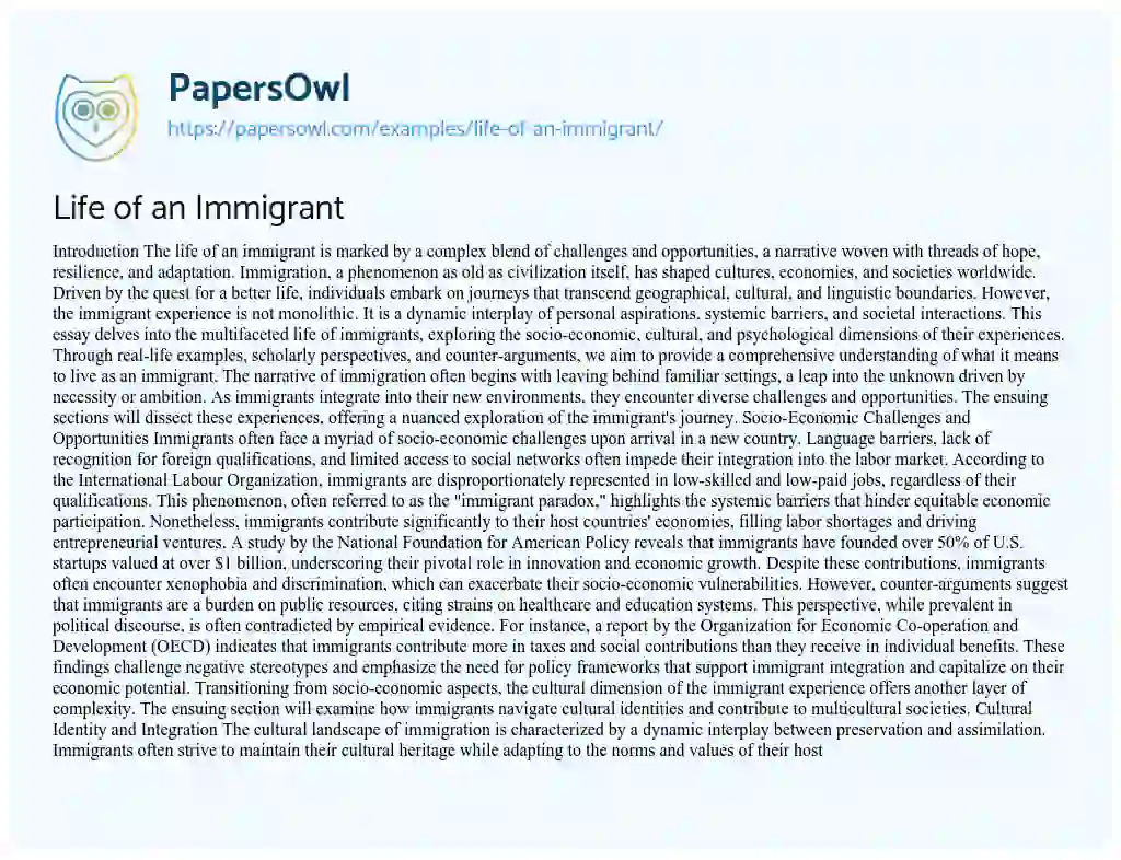 Essay on Life of an Immigrant