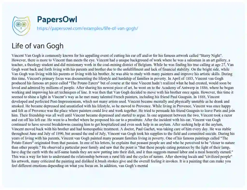 Life of Van Gogh essay