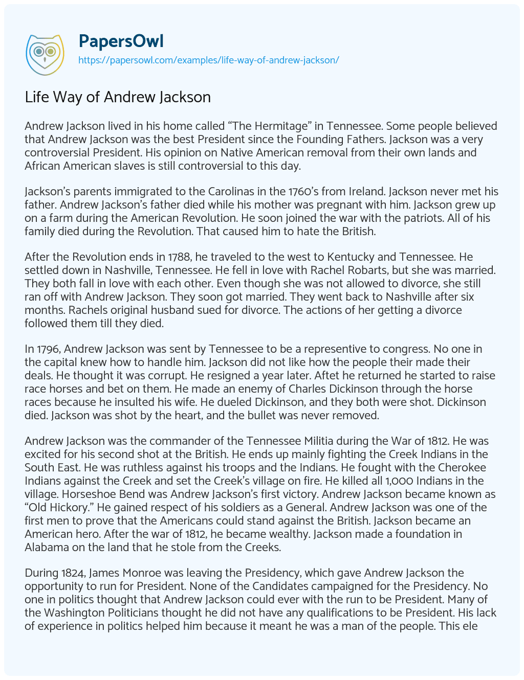Essay on Life Way of Andrew Jackson