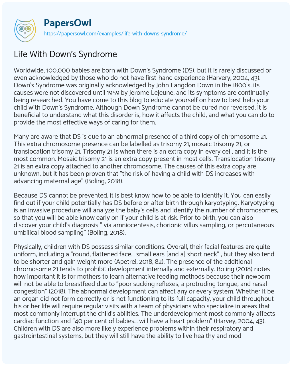 Essay on Life with Down’s Syndrome