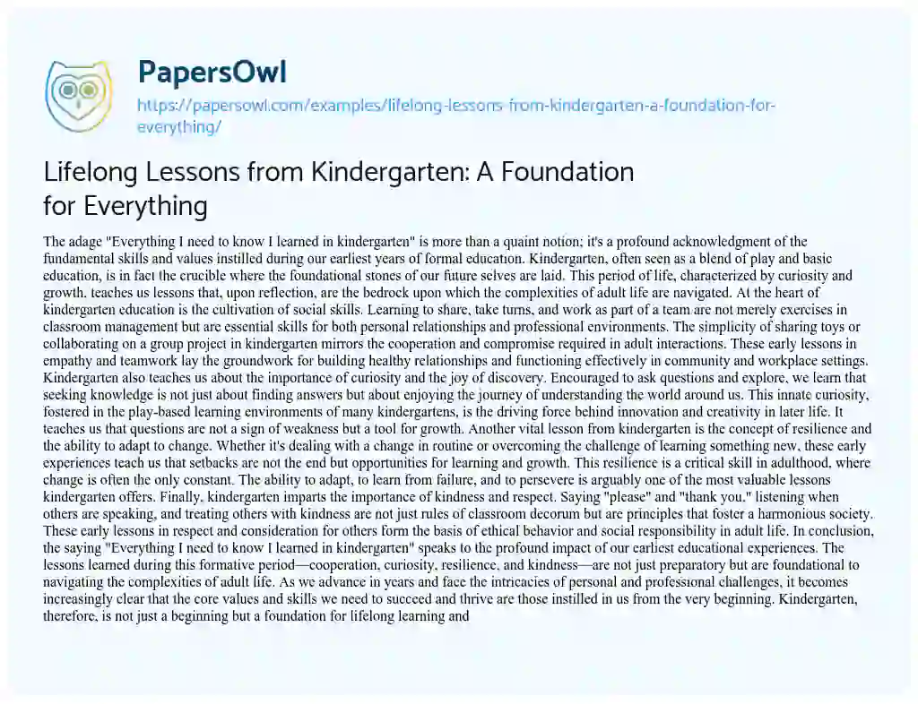 Essay on Lifelong Lessons from Kindergarten: A Foundation for Everything